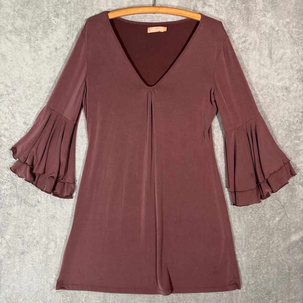 Bronte Mauve Brown Ruffle Bell Sleeve V-Neck Tunic Mini Dress Womens Size M Boho
